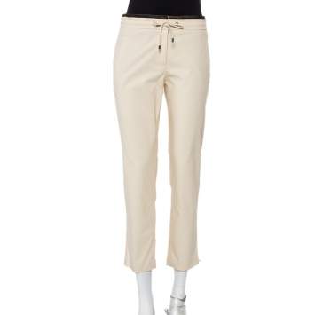 Pre Owned Brunello Cucinelli Cream Cotton Contrast Trim Tapered Leg Trousers S