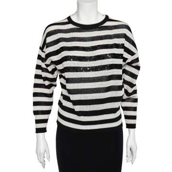 Pre Owned Brunello Cucinelli Monochrome Striped Cotton Knit Sequined Detail Sweater M