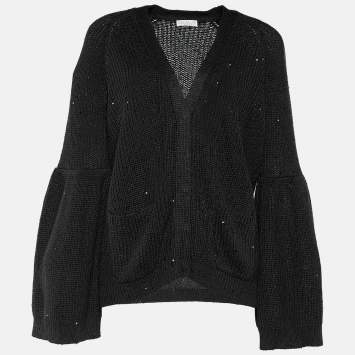 Pre Owned Brunello Cucinelli Anthracite Grey Sequined Peplum Sleeve Cardigan L