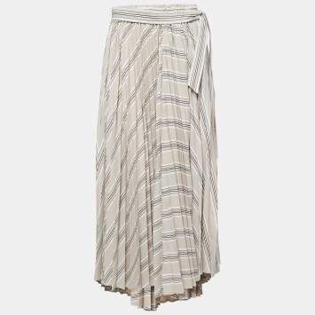 Pre Owned Brunello Cucinelli Beige Stripe Print Cotton Blend Pleated Midi Skirt M