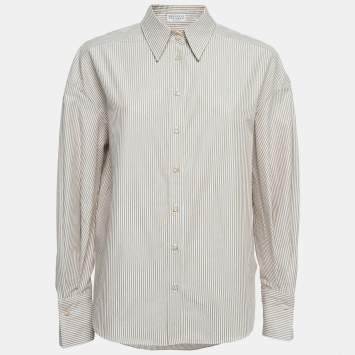 Pre Owned Brunello Cucinelli White/Brown Striped Cotton Shirt L