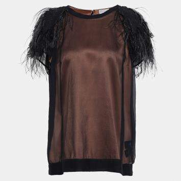 Pre Owned Brunello Cucinelli Black Silk Feather Trimmed Top M