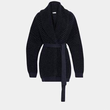 Pre Owned Brunello Cucinelli Blue Lurex Wool Blend Knit Belted Cardigan M