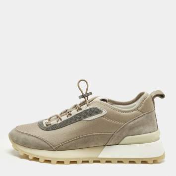 مملوكة مسبقًا Brunello Cucinelli Size 39 Two Tone Fabric and Suede Embellishment Lace Up Sneakers