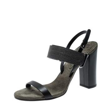 Pre Owned Brunello Cucinelli Black Leather Bead Detail Ankle Strap Sandals Size 39