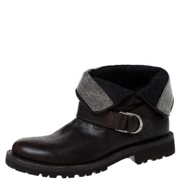 Pre Owned Brunello Cucinelli Brown Leather Embellished Foldover Ankle Boots Size 38
