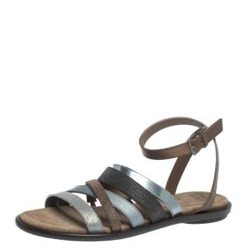 Pre Owned Brunello Cucinelli Multicolor Leather And Fabric Monile Crossover Ankle Strap Flats Size 39