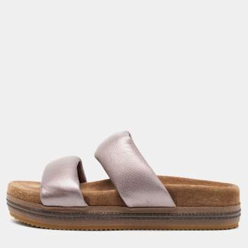 Pre Owned Brunello Cucinelli Metallic Purple Leather Two Strap Slides Size 38