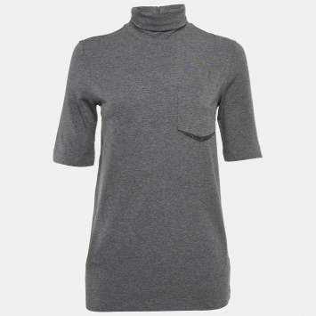 Pre Owned Brunello Cucinelli Grey Cotton Pocket Detail Turtleneck Top M