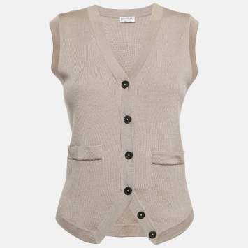 Pre Owned Brunello Cucinelli Beige Rib Knit Button Front Cardigan XS