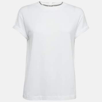 مملوكة مسبقًا Brunello Cucinelli White Cotton Embellished Neck Top S