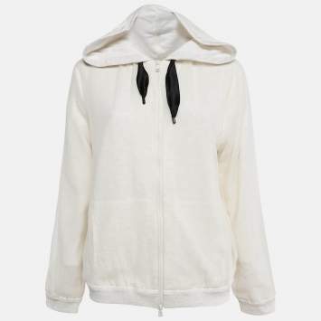 Pre Owned Brunello Cucinelli Cream Silk and Jersey Zip-Up Hoodie L