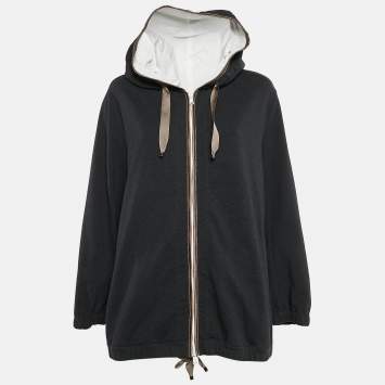 Pre Owned Brunello Cucinelli Dark Grey Cotton Knit Monili Bead Detail Hoodie M