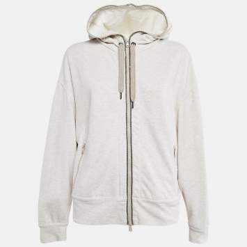 Pre Owned Brunello Cucinelli Grey Monili-Embellished Cotton Knit Hooded Sweatshirt M