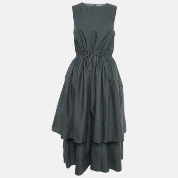 Pre Owned Brunello Cucinelli Grey Cotton Blend Drawstring Tiered Midi Dress M