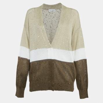 Pre Owned Brunello Cucinelli Brown Sequin Knit  Buttoned Cardigan M