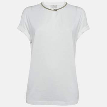 Pre Owned Brunello Cucinelli White Monili Neck Detail Cotton Roll-Up Sleeve T-Shirt M