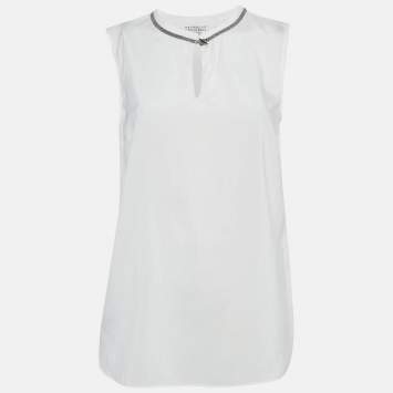 Pre Owned Brunello Cucinelli White Monili Neck Detail Silk Sleeveless Top M