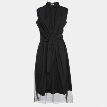 Pre Owned Brunello Cucinelli Black Tulle Waist Tie-Up Detail Midi Dress L