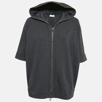 Pre Owned Brunello Cucinelli Dark Grey Cotton Knit Monili Beaded Zip-Up Hoodie M