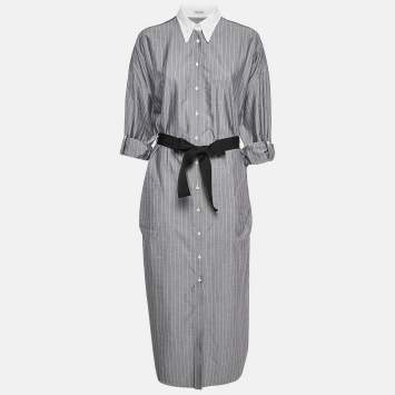 Pre Owned Brunello Cucinelli Grey Stripe Cotton Button Front Midi Dress L