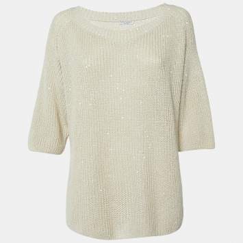 Pre Owned Brunello Cucinelli Beige Sequin Rib Knit V-Neck Sheer Sweater L