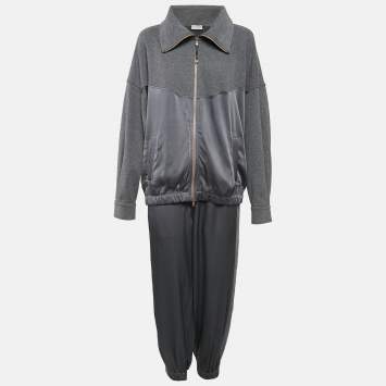 Pre Owned Brunello Cucinelli Grey Satin and Cotton Knit Jacket and Jogger Pants Set M