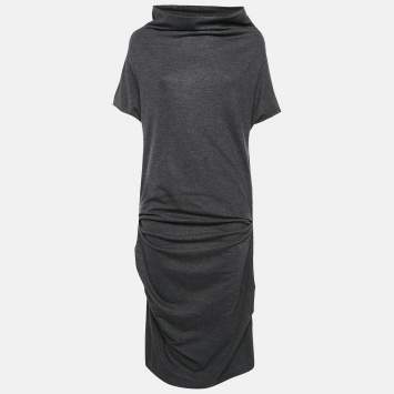 Pre Owned Brunello Cucinelli Grey Stretch Wool High Neck Ruche Detail Midi Dress M