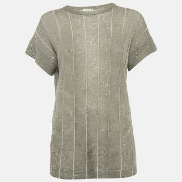 Pre Owned Brunello Cucinelli Grey Sequin Knit Sheer Top M