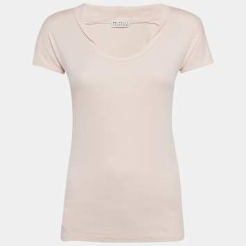 Pre Owned Brunello Cucinelli Pink Rib Knit Short Sleeve Top M