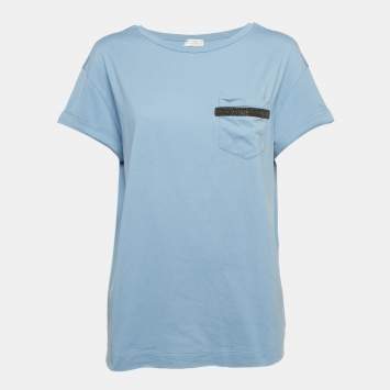 Pre Owned Brunello Cucinelli Blue Monili Embellished Jersey T-Shirt XS
