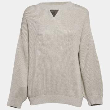 Pre Owned Brunello Cucinelli Grey Lurex Rib Knit Monili Detail Sweater L