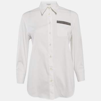 مملوكة مسبقًا Brunello Cucinelli White Cotton Blend Monili Bead Detail Shirt M