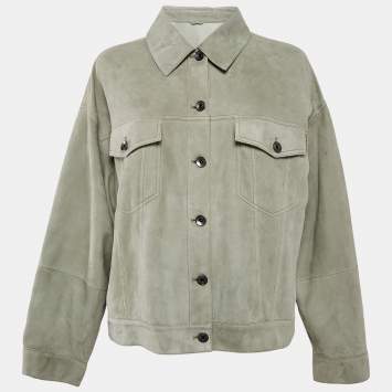 Pre Owned Brunello Cucinelli Light Green Single Breasted Suede Jacket L