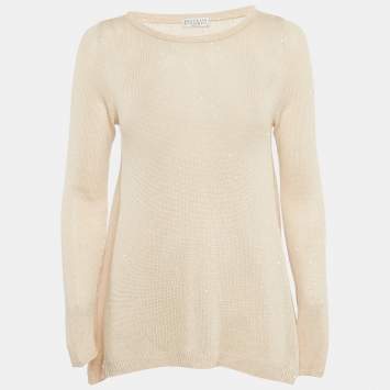 Pre Owned Brunello Cucinelli Beige Sequin Detail Linen and Silk Knit Top XS