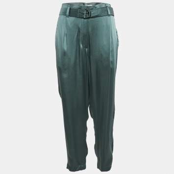Pre Owned Brunello Cucinelli Green Satin Belted Trousers M