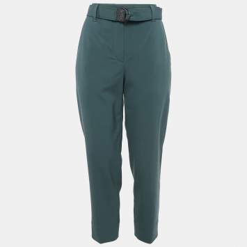 Pre Owned Brunello Cucinelli Green Wool Monili Detail Belted Trousers M