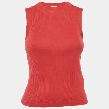 Pre Owned Brunello Cucinelli Red Rib Knit Monili Detail Tank Top S