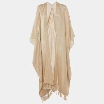 Pre Owned Brunello Cucinelli Gold Lurex Knit Fringed Long Cape One Size 