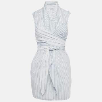 Pre Owned Brunello Cucinelli Blue Striped Cotton Tie-Up Detail Mini Dress M