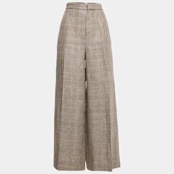 Pre Owned Brunello Cucinelli Cream Houndstooth Linen Wide-Leg Trousers M