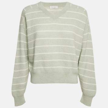 Brunello Cucinelli Pastel Green Striped Cashmere Sweater M
