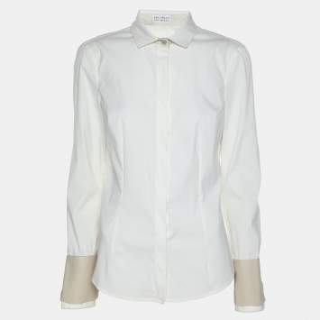 Brunello Cucinelli Off White Jersey Silk Embellished Button Front Shirt XS