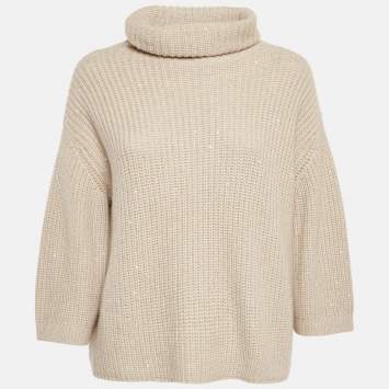 Brunello Cucinelli Beige Sequin Rib Knit Turtle Neck Sweater L