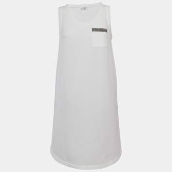 Pre Owned Brunello Cucinelli White Jersey Monili Pocket Detail Sleeveless Mini Dress L