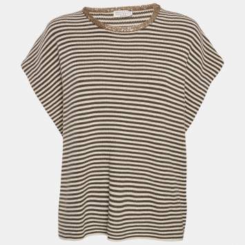 مملوكة مسبقًا Brunello Cucinelli Brown Stripe Knit Embellished Sweater M