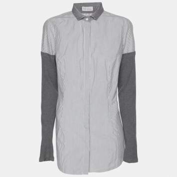 Pre Owned Brunello Cucinelli Grey/Off White Pin Stripe Cotton and Cashmere Long Sleeve Shirt M