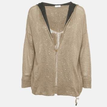 Pre Owned Brunello Cucinelli Tan Sequin Embellished Cotton Knit Hoodie XS
