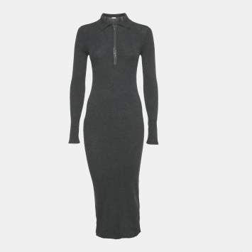 Pre Owned Brunello Cucinelli Dark Grey Wool Embellished Trim Sweater Midi Dress S 