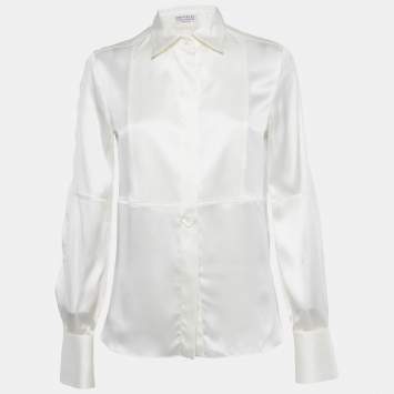 Pre Owned Brunello Cucinelli White Silk Satin Button Front Blouse S